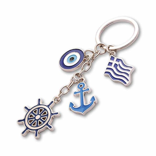 Μεταλλικό Μπρελόκ Ναυτικός Τροχός, Άγκυρα, Μάτι & Ελληνική Σημαία