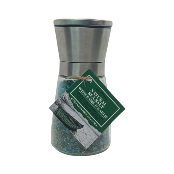 Φυσικό Θαλασσινό Αλάτι με Βασιλικό & Σκόρδο – Μύλος Inox